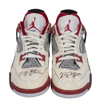1989 Michael Jordan Game Used and Signed Pair of Nike Air Jordan IV Sneakers - Both Signed! (MEARS & PSA/DNA)